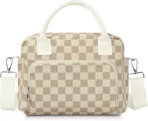 Lunch Box for Women Insulated Lunch Bag Cute Corduroy Lunch Tote Bags Lightweight Reusable Leakproof Cooler Bag with Adjustable Shoulder Strap for Work Office Travel Picnic (Checkered Khaki)