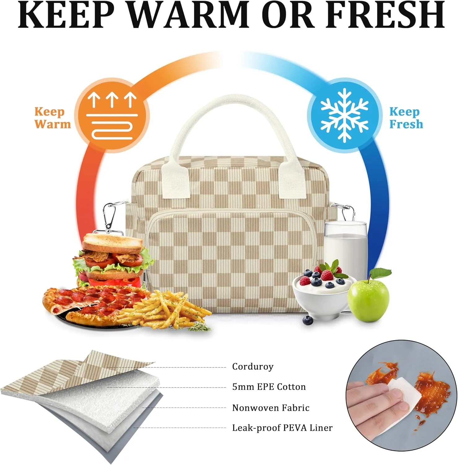 Lunch Box for Women Insulated Lunch Bag Cute Corduroy Lunch Tote Bags Lightweight Reusable Leakproof Cooler Bag with Adjustable Shoulder Strap for Work Office Travel Picnic (Checkered Khaki)