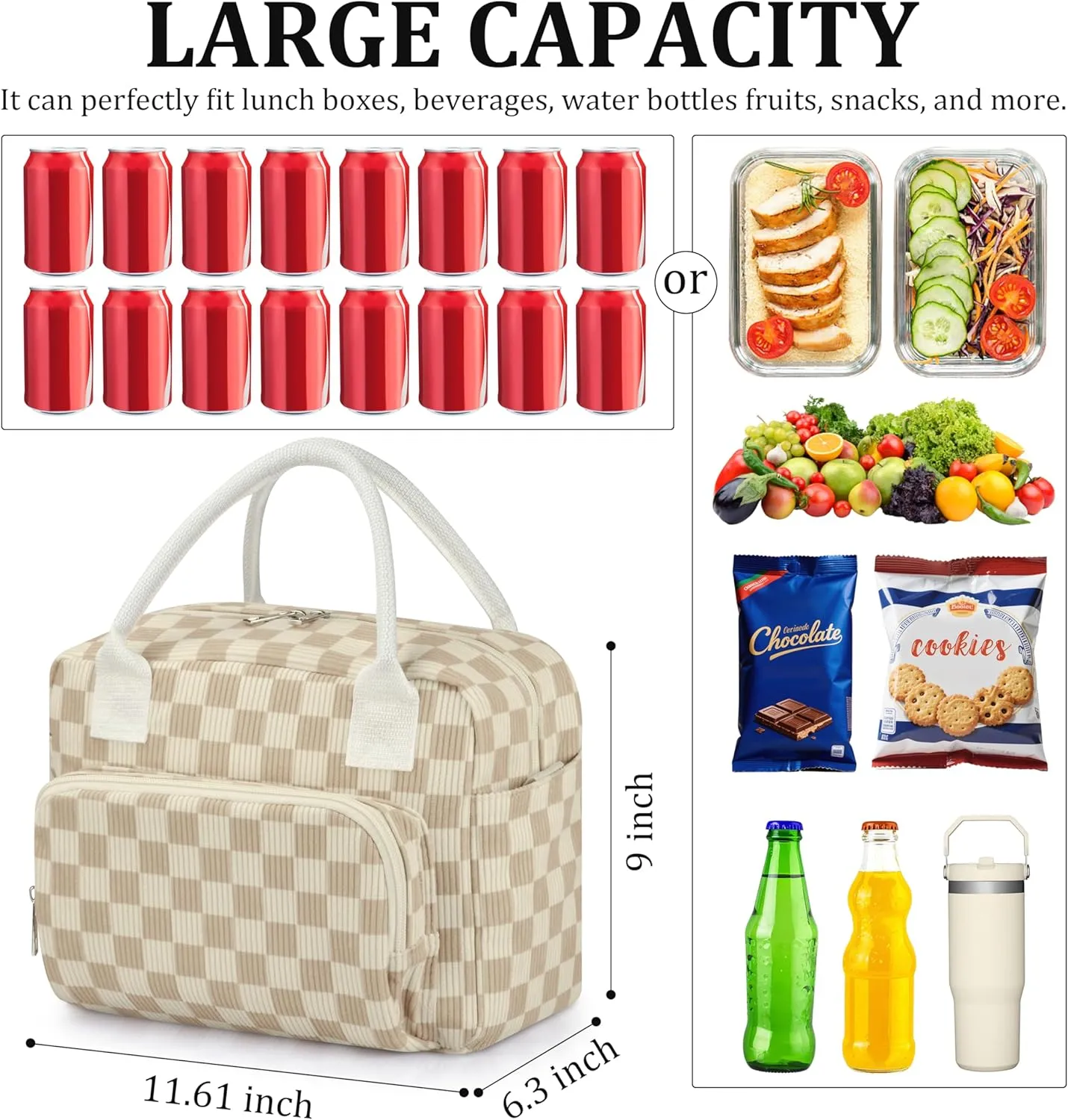 Lunch Box for Women Insulated Lunch Bag Cute Corduroy Lunch Tote Bags Lightweight Reusable Leakproof Cooler Bag with Adjustable Shoulder Strap for Work Office Travel Picnic (Checkered Khaki)