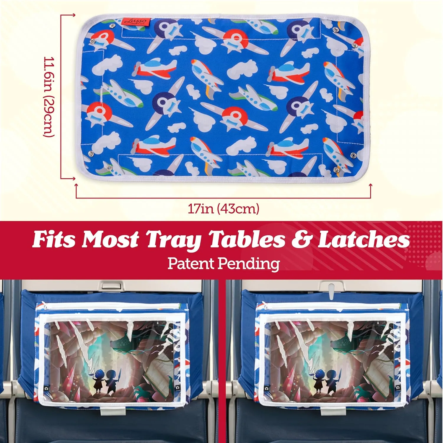 Lusso Gear Kids Travel Tray Table Cover with Pockets - Airplane Essentials for Toddlers - Kids Tray for Plane or Train -Toddler Travel Essential Must-Haves and Flying Supplies (Airplanes Pattern)