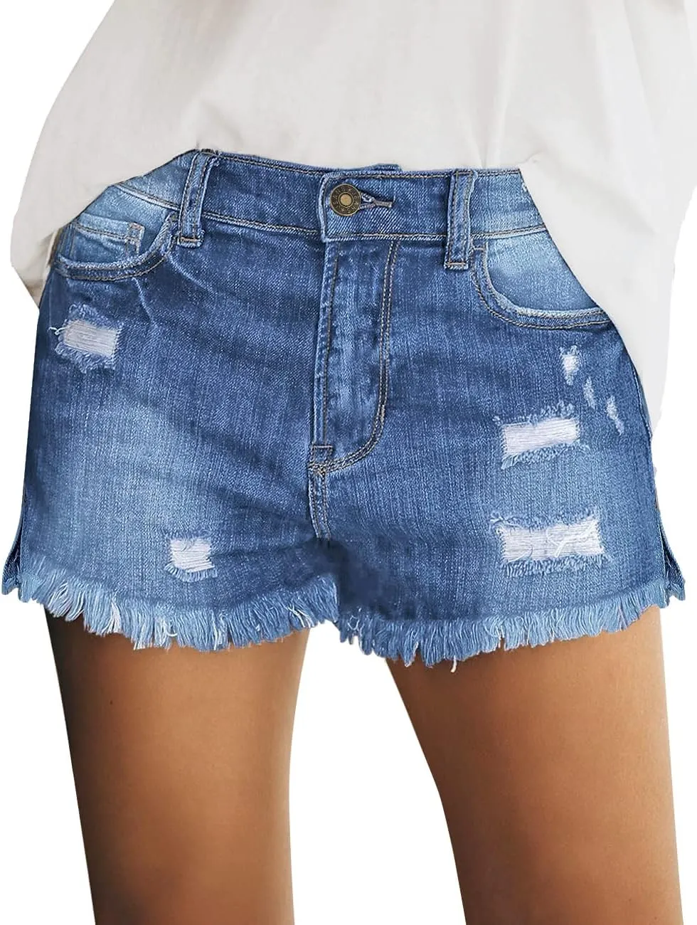 luvamia Women's Casual Mid Rise Denim Shorts Stretch Ripped Raw Hem Jean Shorts