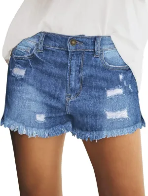 luvamia Women's Casual Mid Rise Denim Shorts Stretch Ripped Raw Hem Jean Shorts