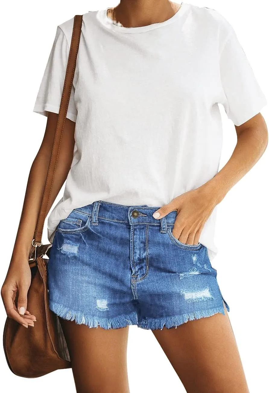 luvamia Women's Casual Mid Rise Denim Shorts Stretch Ripped Raw Hem Jean Shorts