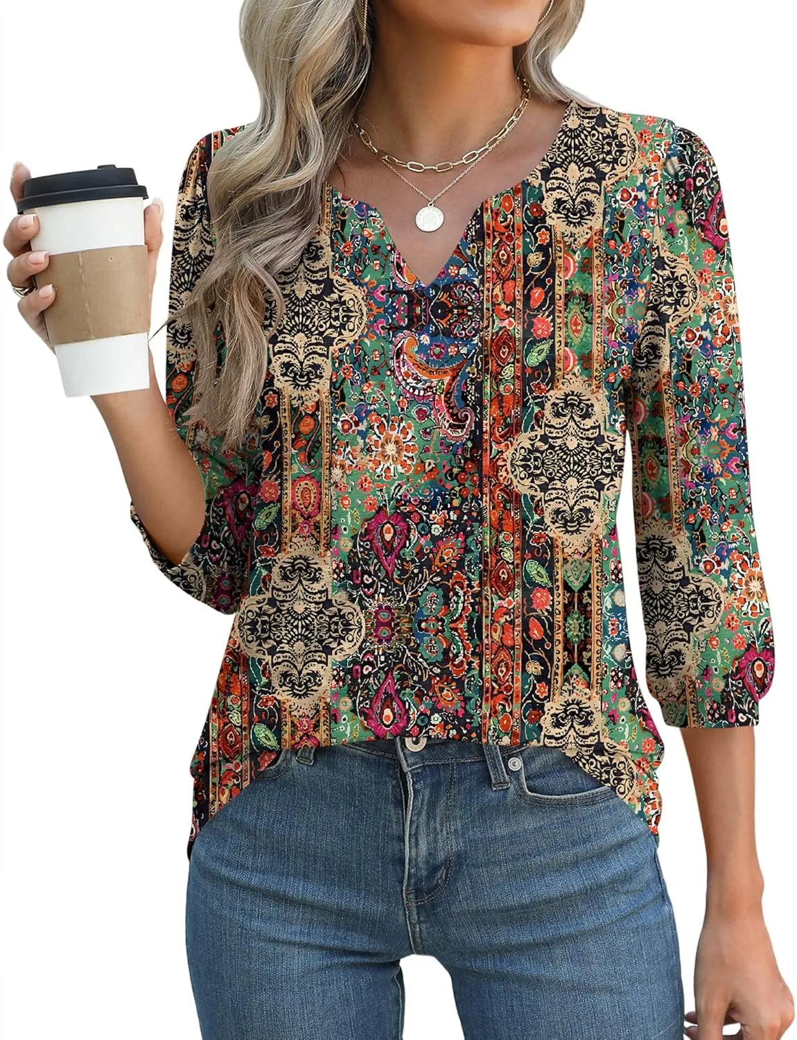 LUYAA 3/4 Length Sleeve Womens Tops Dressy Casual V-Neck Puff Sleeve Blouses Business Work Tunic Shirt S-XXL