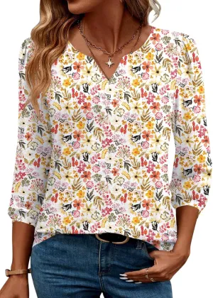 LUYAA 3/4 Length Sleeve Womens Tops Dressy Casual V-Neck Puff Sleeve Blouses Business Work Tunic Shirt S-XXL