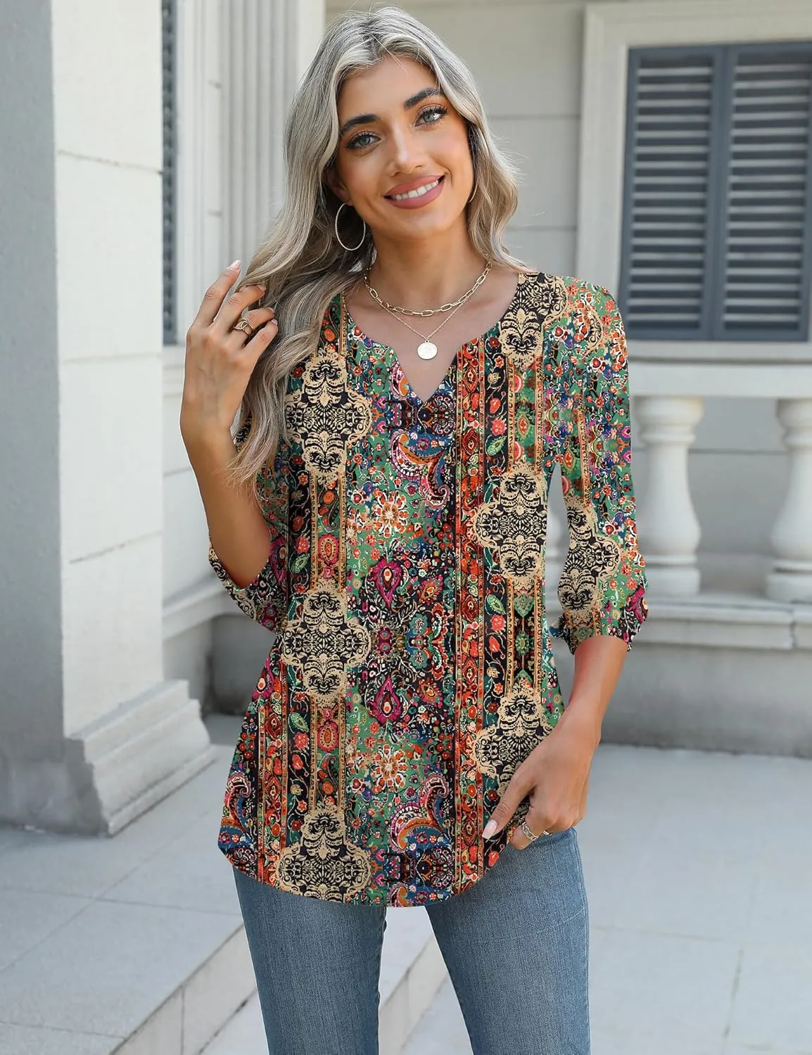 LUYAA 3/4 Length Sleeve Womens Tops Dressy Casual V-Neck Puff Sleeve Blouses Business Work Tunic Shirt S-XXL