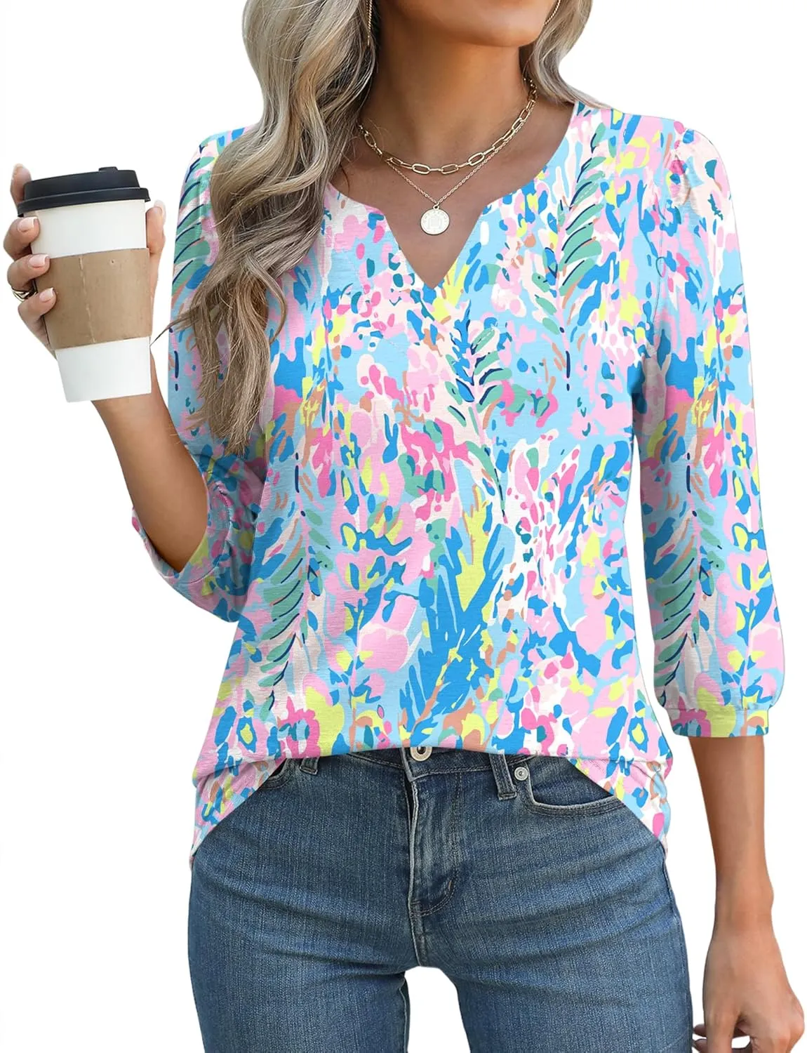 LUYAA 3/4 Length Sleeve Womens Tops Dressy Casual V-Neck Puff Sleeve Blouses Business Work Tunic Shirt S-XXL