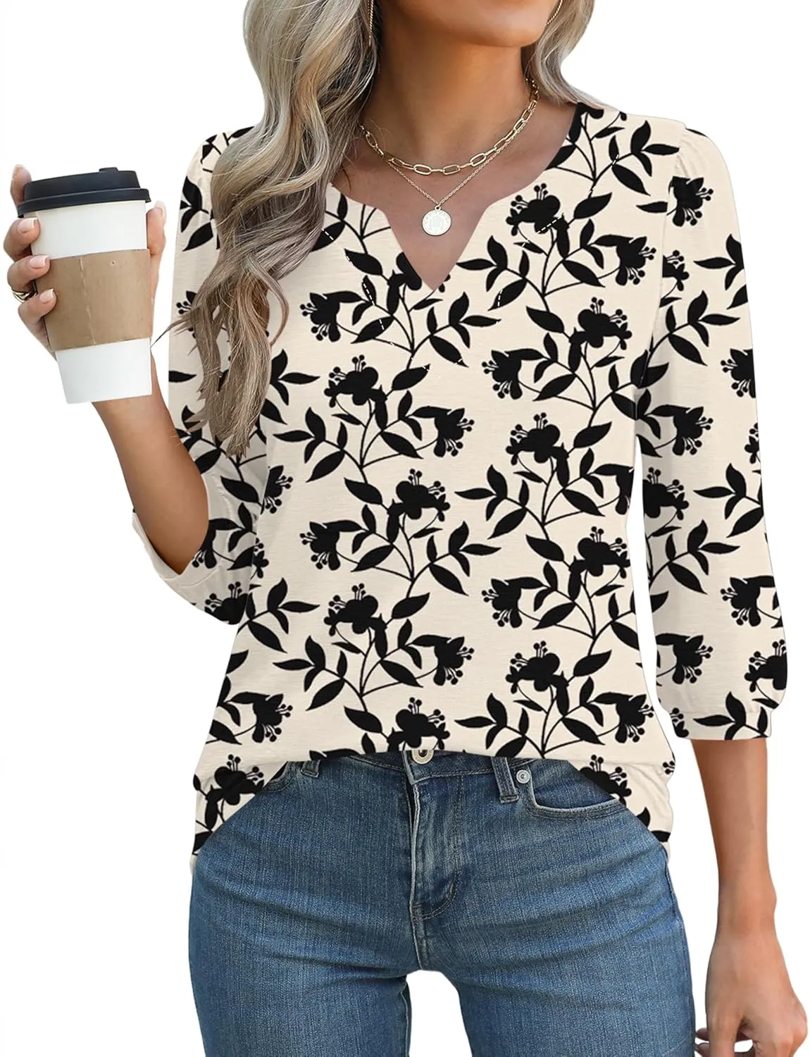 LUYAA 3/4 Length Sleeve Womens Tops Dressy Casual V-Neck Puff Sleeve Blouses Business Work Tunic Shirt S-XXL