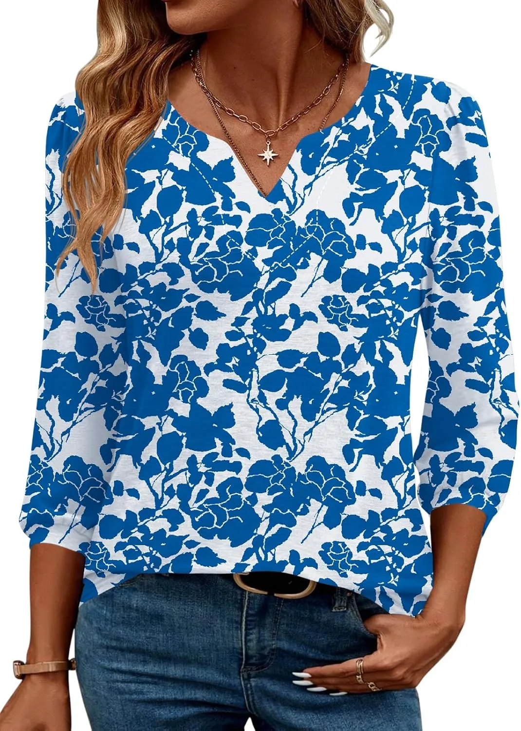 LUYAA 3/4 Length Sleeve Womens Tops Dressy Casual V-Neck Puff Sleeve Blouses Business Work Tunic Shirt S-XXL