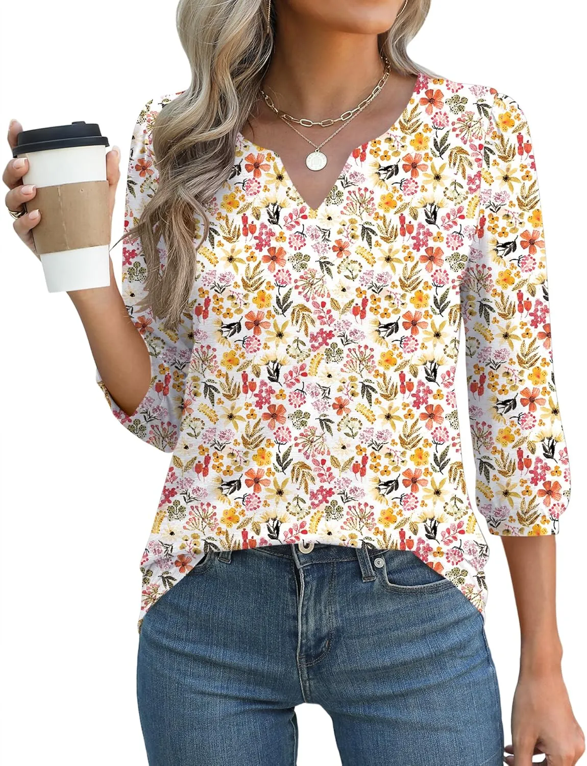 LUYAA 3/4 Length Sleeve Womens Tops Dressy Casual V-Neck Puff Sleeve Blouses Business Work Tunic Shirt S-XXL