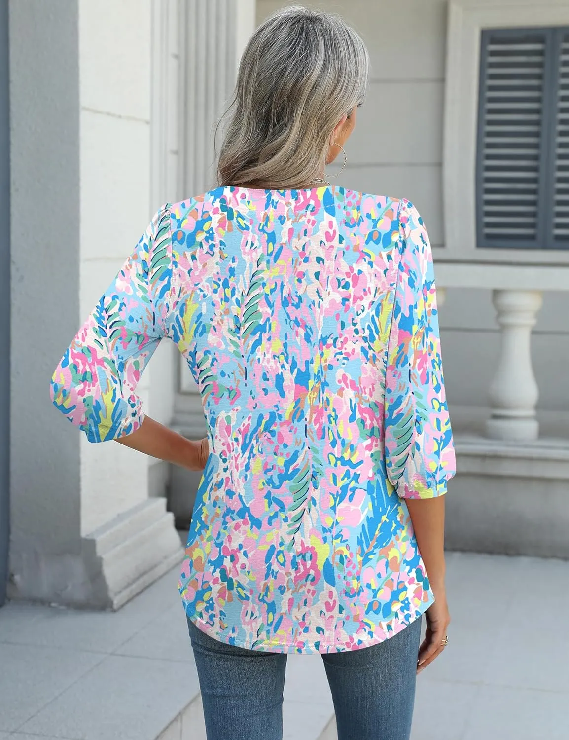 LUYAA 3/4 Length Sleeve Womens Tops Dressy Casual V-Neck Puff Sleeve Blouses Business Work Tunic Shirt S-XXL