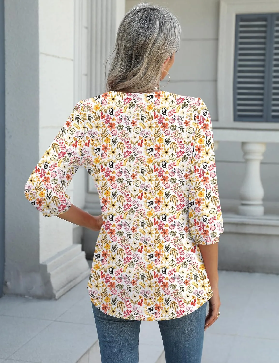 LUYAA 3/4 Length Sleeve Womens Tops Dressy Casual V-Neck Puff Sleeve Blouses Business Work Tunic Shirt S-XXL