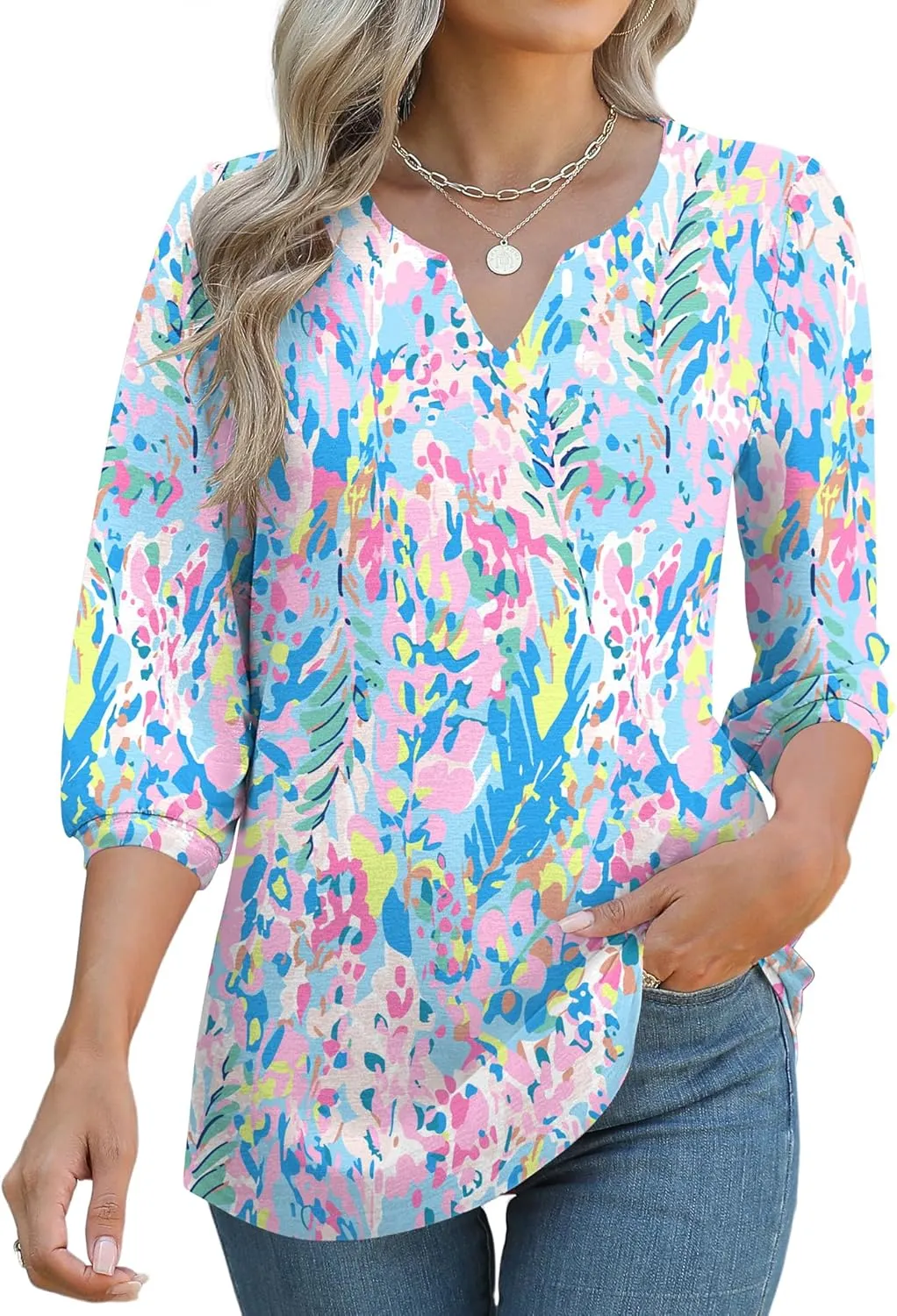 LUYAA 3/4 Length Sleeve Womens Tops Dressy Casual V-Neck Puff Sleeve Blouses Business Work Tunic Shirt S-XXL