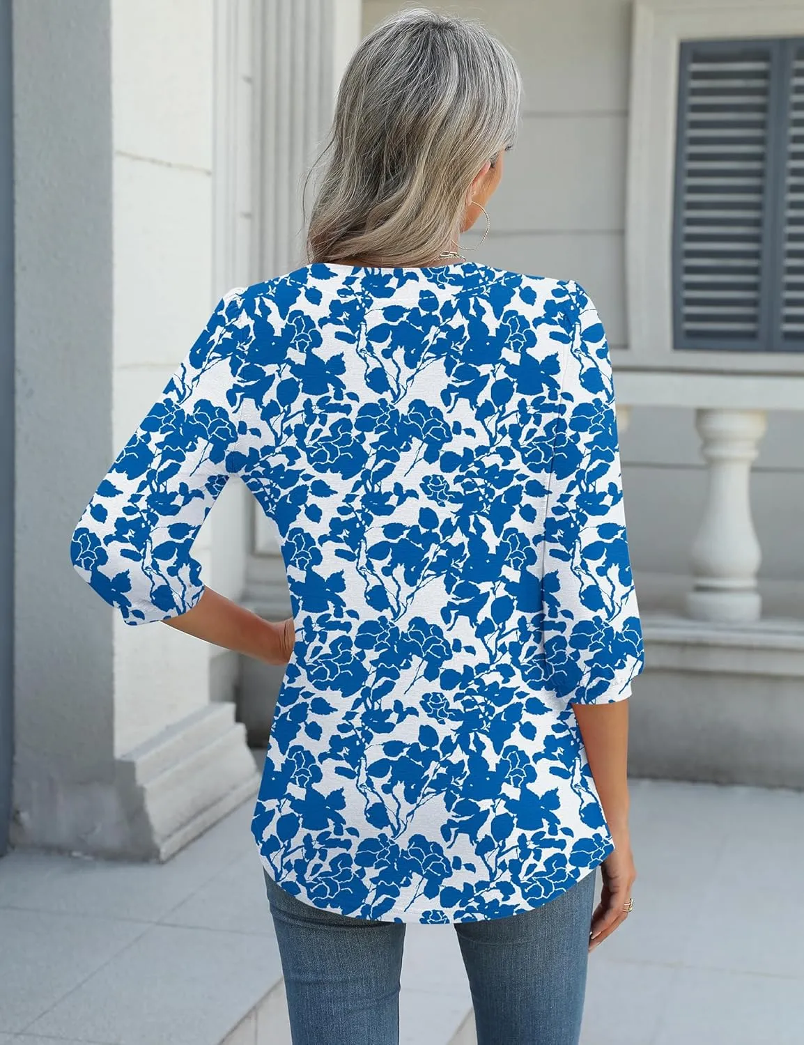 LUYAA 3/4 Length Sleeve Womens Tops Dressy Casual V-Neck Puff Sleeve Blouses Business Work Tunic Shirt S-XXL