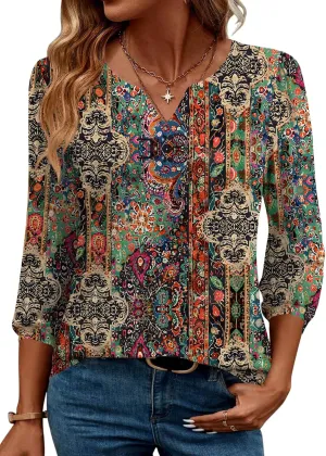 LUYAA 3/4 Length Sleeve Womens Tops Dressy Casual V-Neck Puff Sleeve Blouses Business Work Tunic Shirt S-XXL