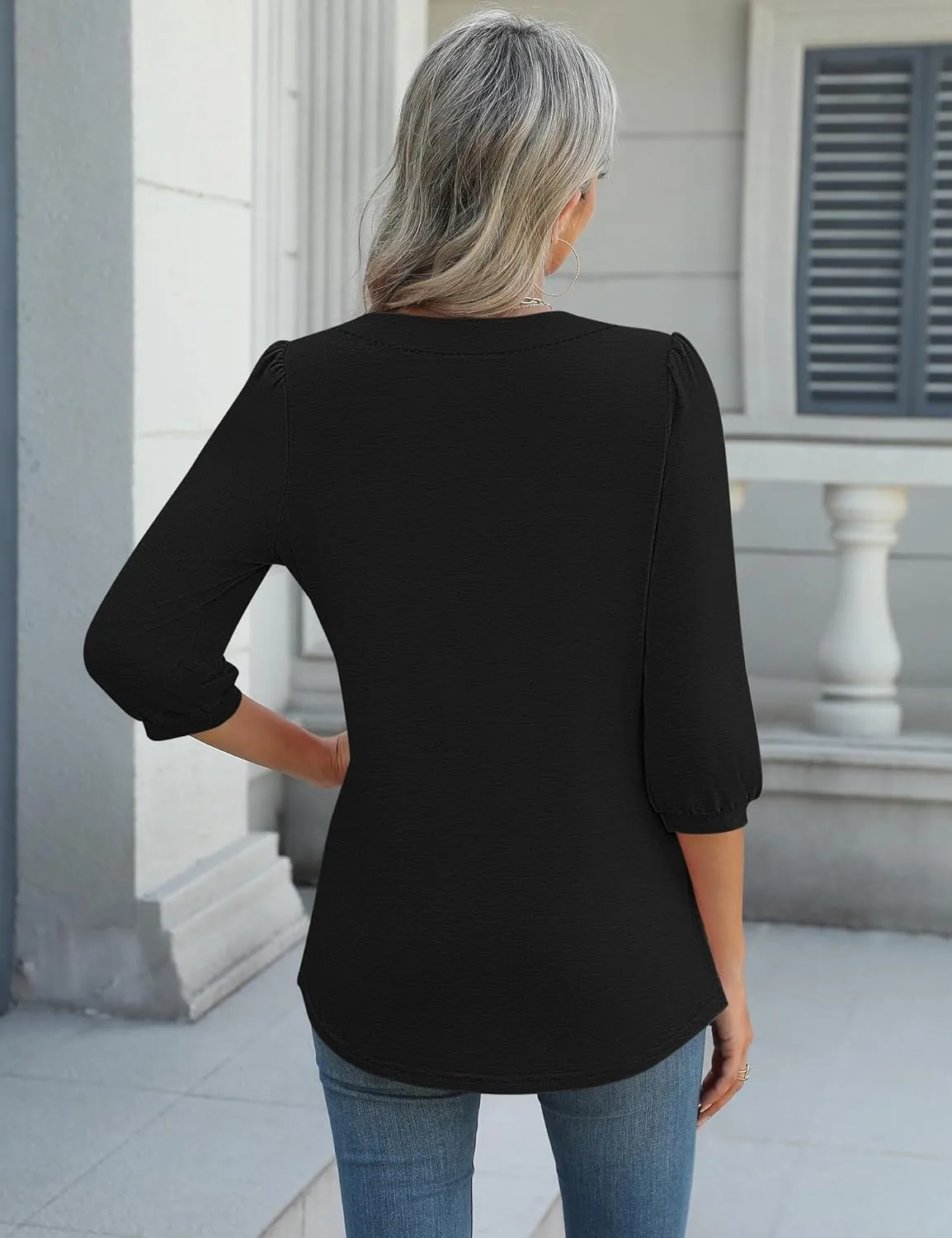 LUYAA 3/4 Length Sleeve Womens Tops Dressy Casual V-Neck Puff Sleeve Blouses Business Work Tunic Shirt S-XXL