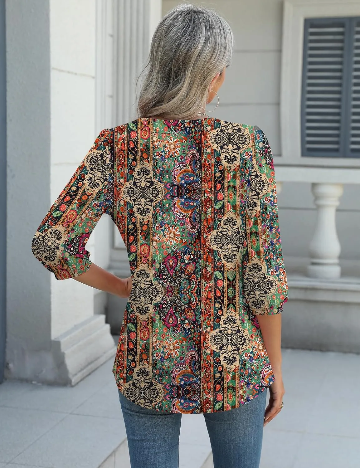 LUYAA 3/4 Length Sleeve Womens Tops Dressy Casual V-Neck Puff Sleeve Blouses Business Work Tunic Shirt S-XXL