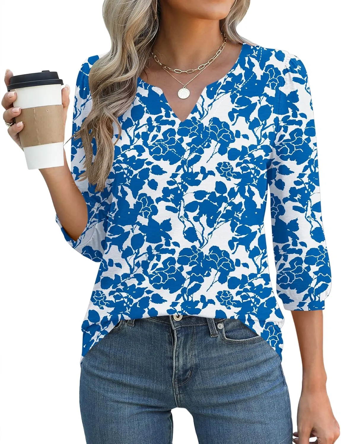 LUYAA 3/4 Length Sleeve Womens Tops Dressy Casual V-Neck Puff Sleeve Blouses Business Work Tunic Shirt S-XXL