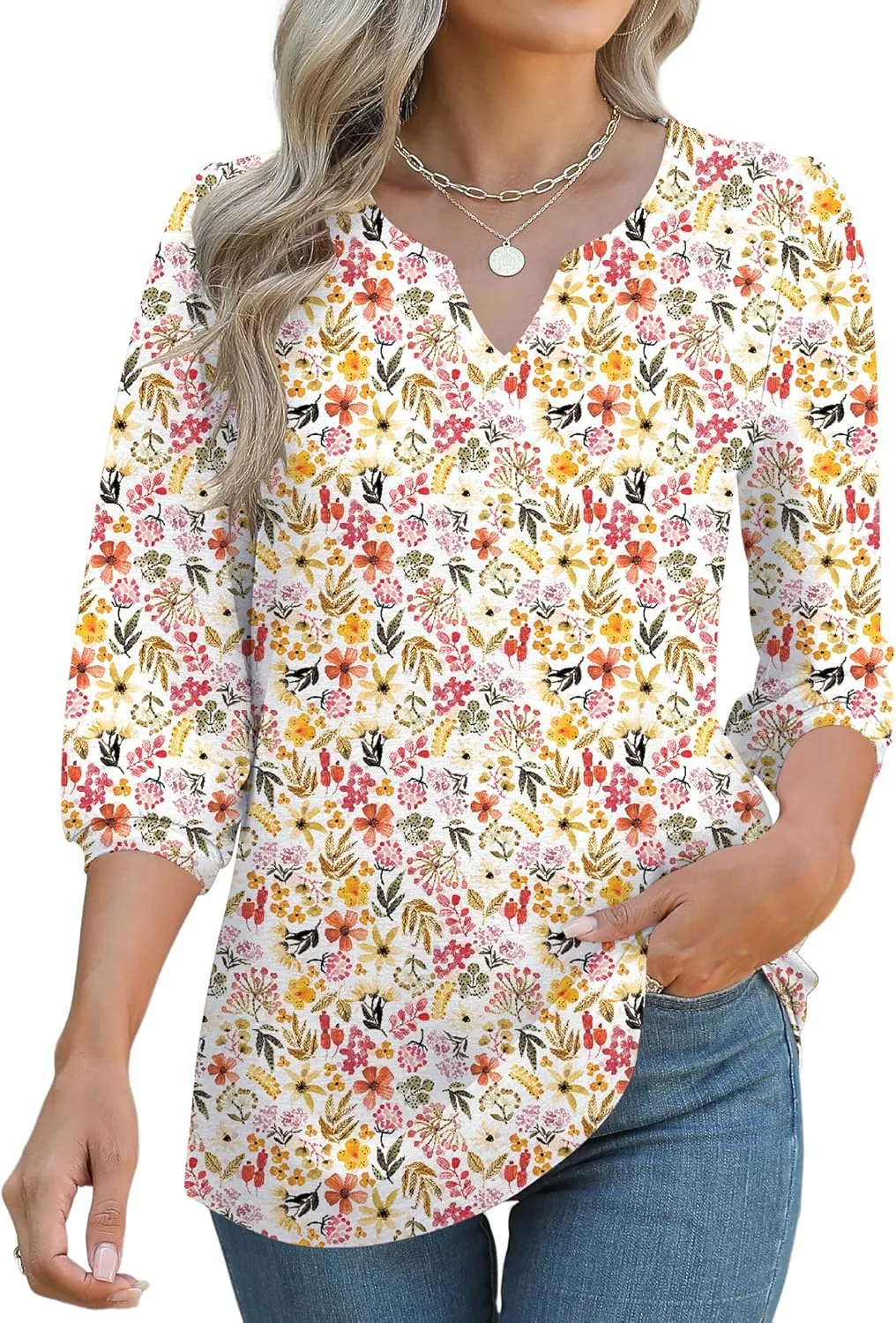 LUYAA 3/4 Length Sleeve Womens Tops Dressy Casual V-Neck Puff Sleeve Blouses Business Work Tunic Shirt S-XXL