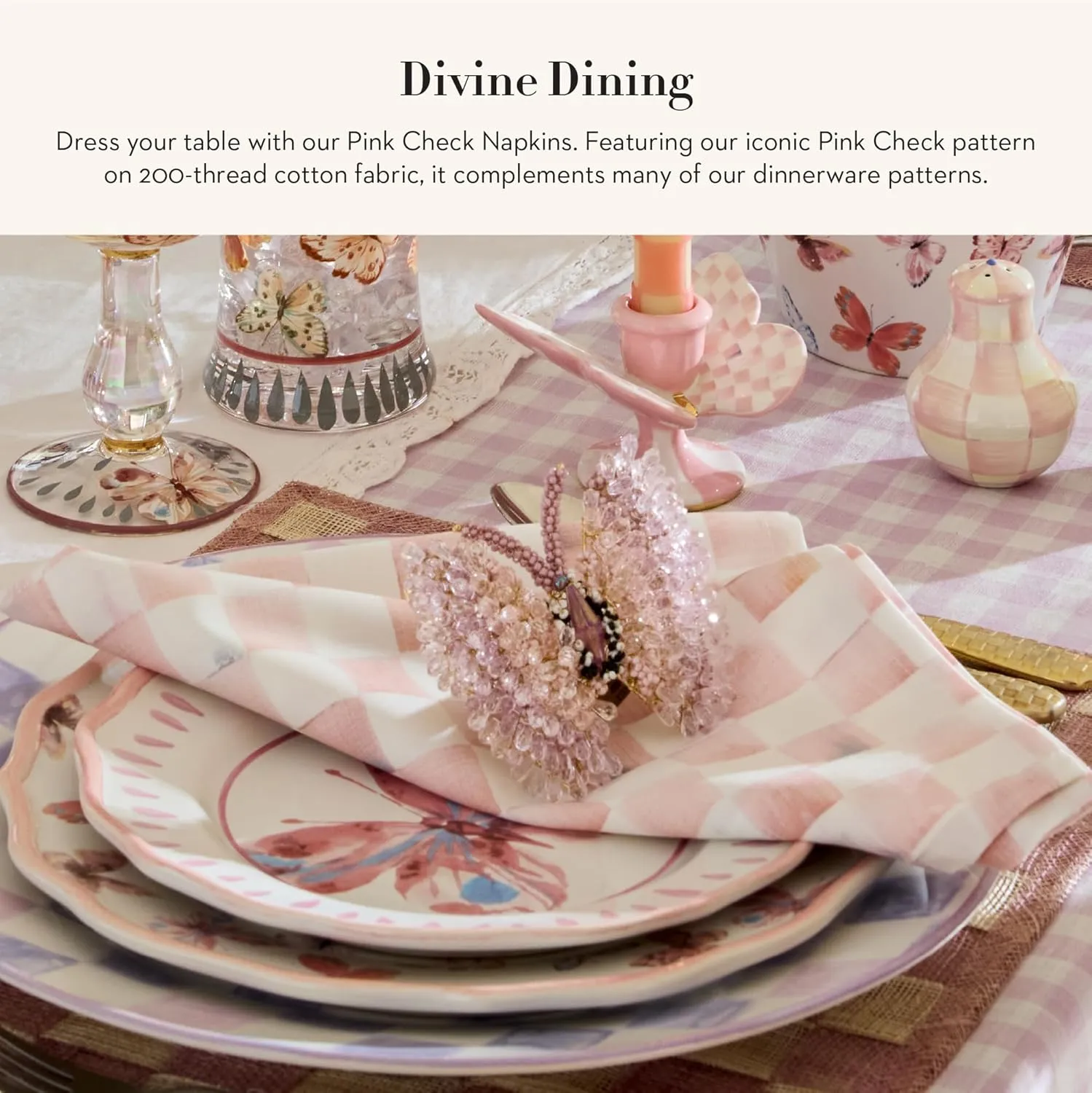 MACKENZIE-CHILDS Set of 4 Cotton Napkins, Cloth Dinner Napkins, Pink Check
