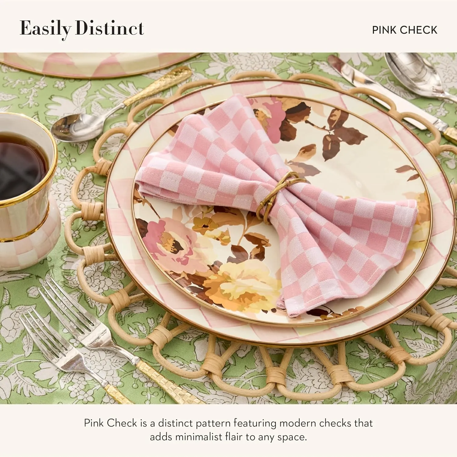 MACKENZIE-CHILDS Set of 4 Cotton Napkins, Cloth Dinner Napkins, Pink Check