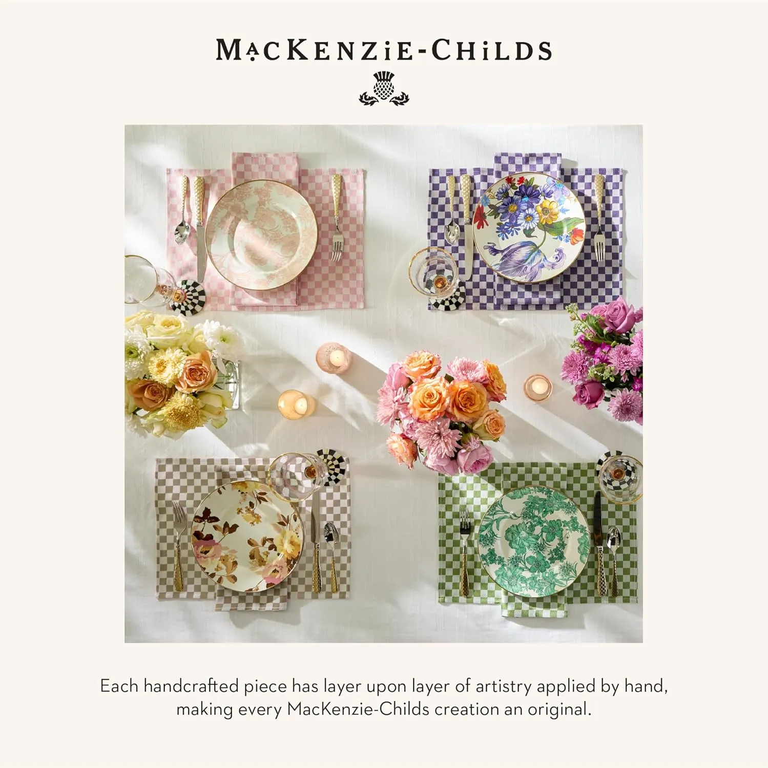 MACKENZIE-CHILDS Set of 4 Cotton Napkins, Cloth Dinner Napkins, Pink Check