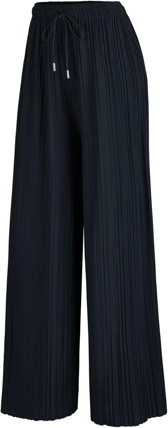 Made By Johnny Women's Pleated Wide Leg Palazzo Pants with Drawstring