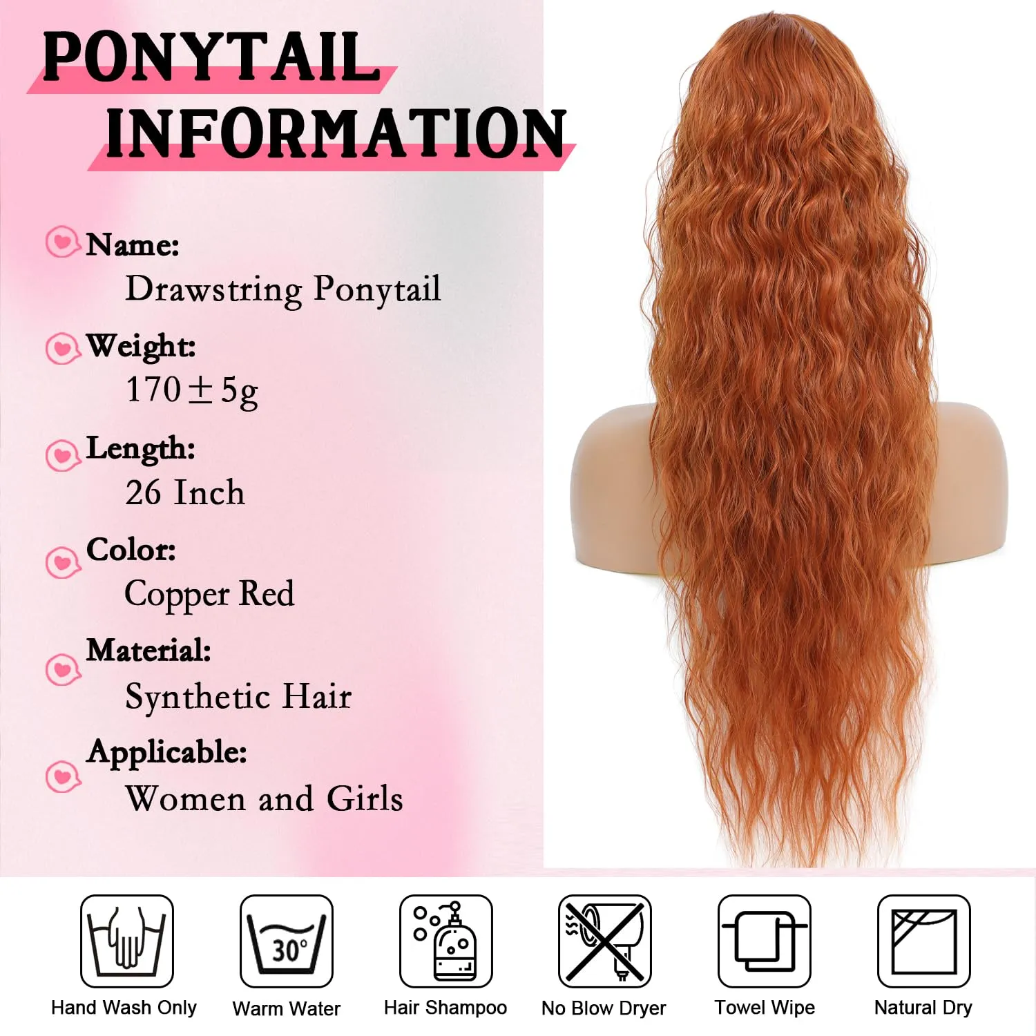 Mairead Curly Ponytail 26 Inch Ponytail extension Copper Red Long Curly Wavy Ponytail Natural Wavy Synthetic HairPieces for Women Auburn red 26inch 30C