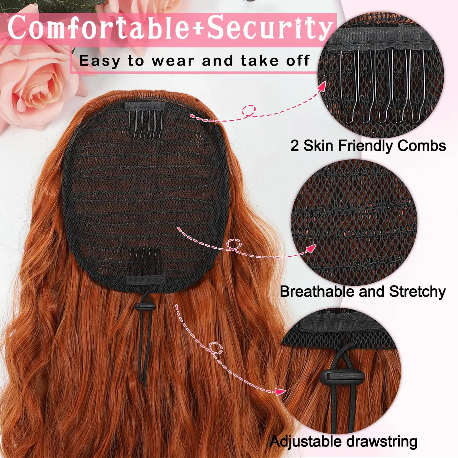Mairead Curly Ponytail 26 Inch Ponytail extension Copper Red Long Curly Wavy Ponytail Natural Wavy Synthetic HairPieces for Women Auburn red 26inch 30C