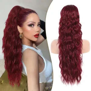 Mairead Red Ponytail Extension Drawstring Curly Ponytail for Women 26 Inch Burgundy Curly Wavy Pony Tails Hair Extensions Synthetic Hairpiece for Women Daily Party Use Wine Red 26inch 118#