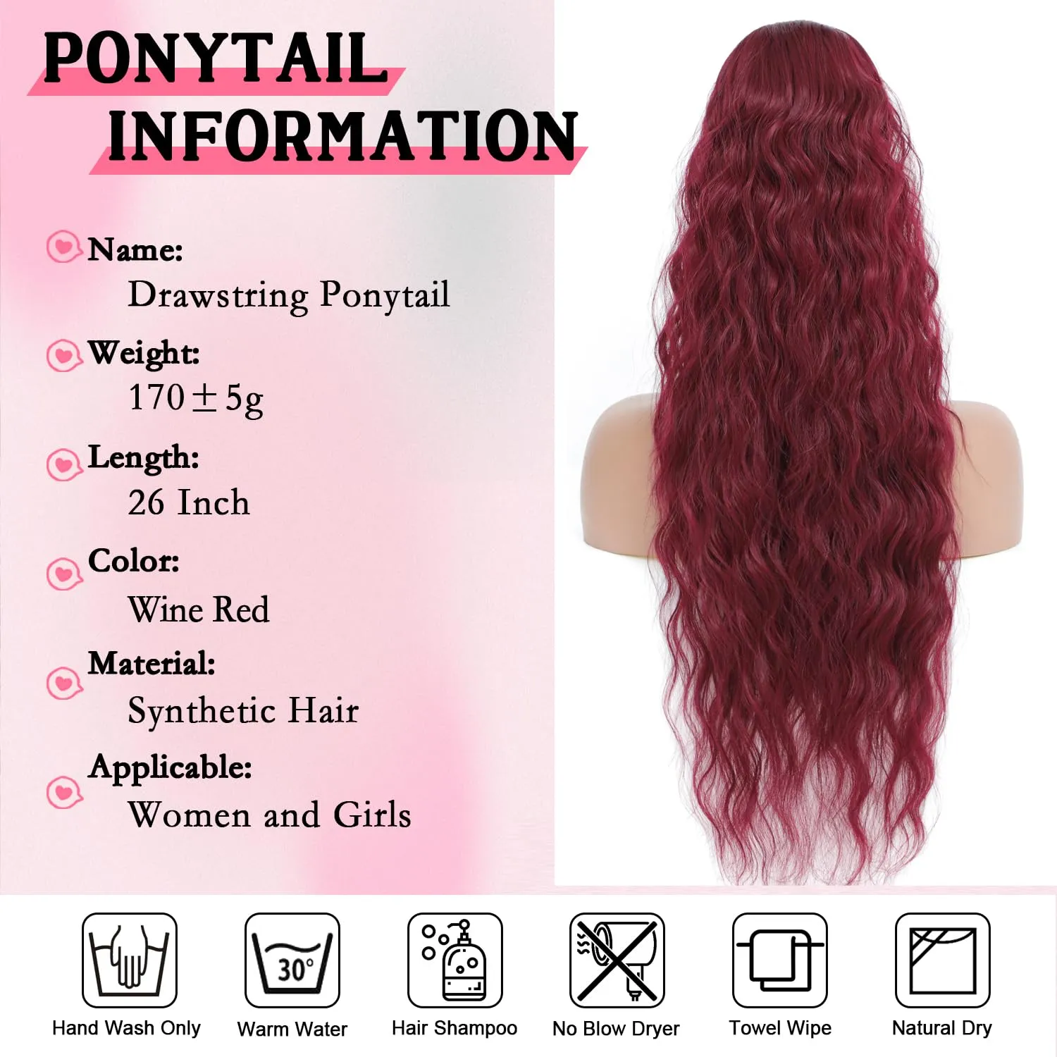 Mairead Red Ponytail Extension Drawstring Curly Ponytail for Women 26 Inch Burgundy Curly Wavy Pony Tails Hair Extensions Synthetic Hairpiece for Women Daily Party Use Wine Red 26inch 118#