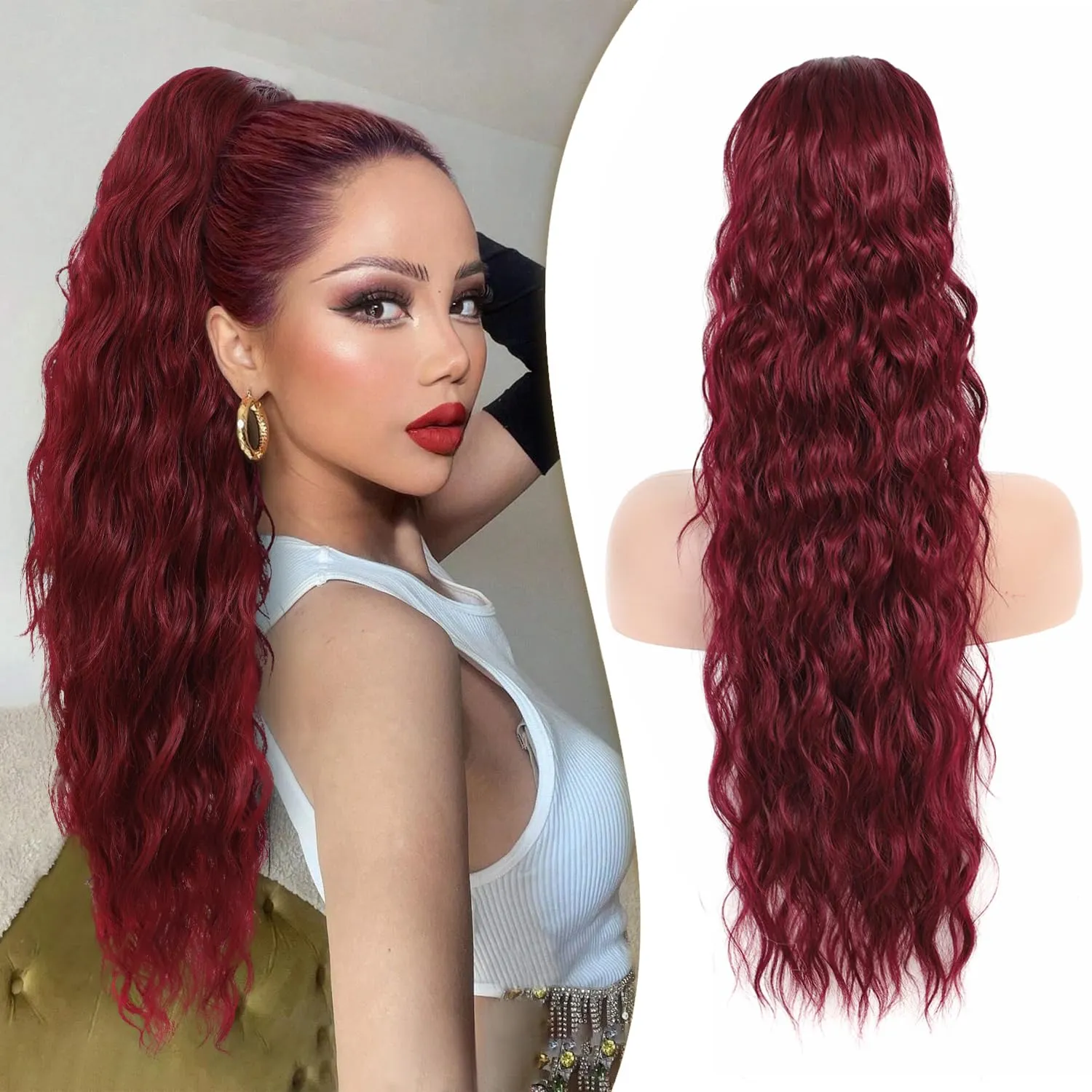 Mairead Red Ponytail Extension Drawstring Curly Ponytail for Women 26 Inch Burgundy Curly Wavy Pony Tails Hair Extensions Synthetic Hairpiece for Women Daily Party Use Wine Red 26inch 118#