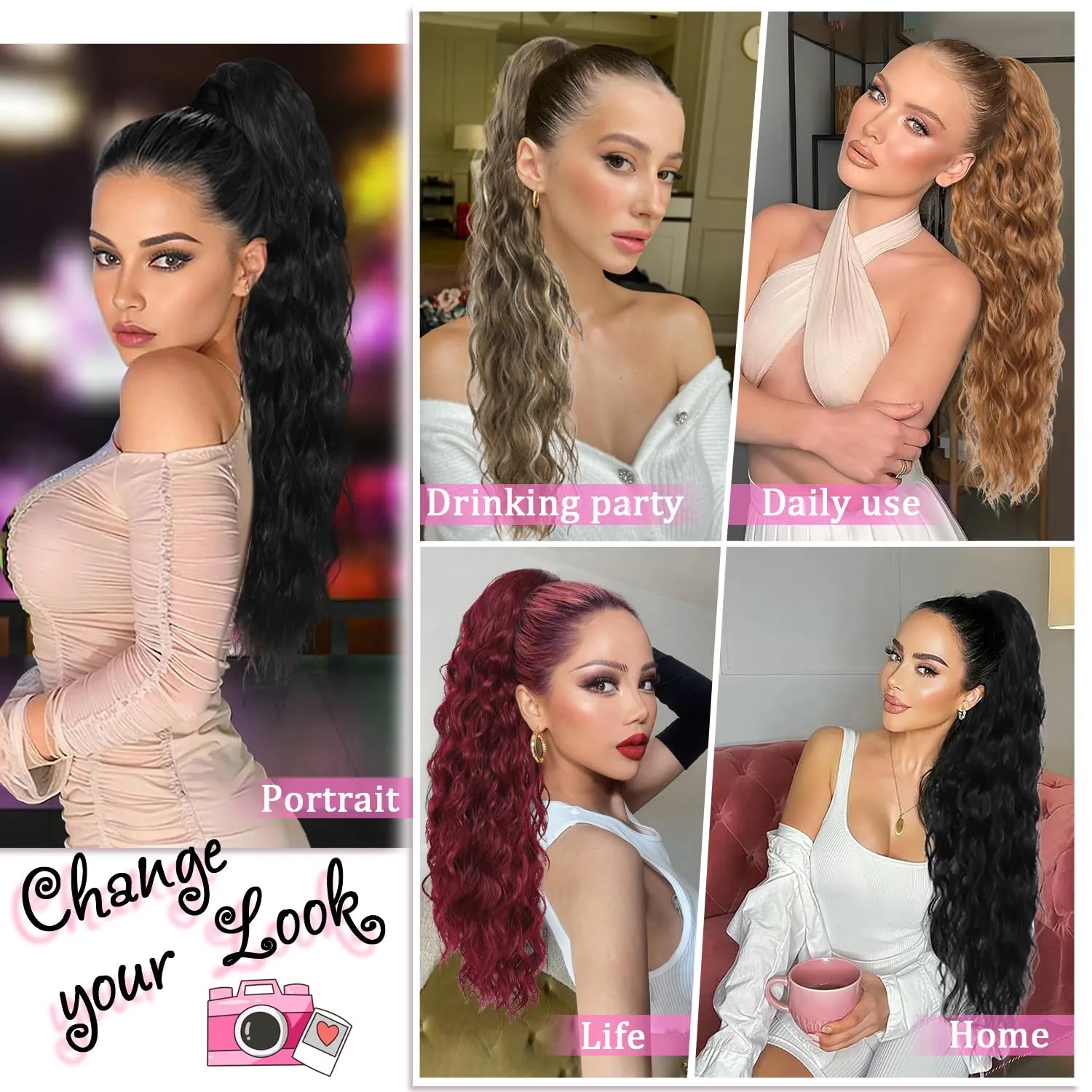 Mairead Red Ponytail Extension Drawstring Curly Ponytail for Women 26 Inch Burgundy Curly Wavy Pony Tails Hair Extensions Synthetic Hairpiece for Women Daily Party Use Wine Red 26inch 118#