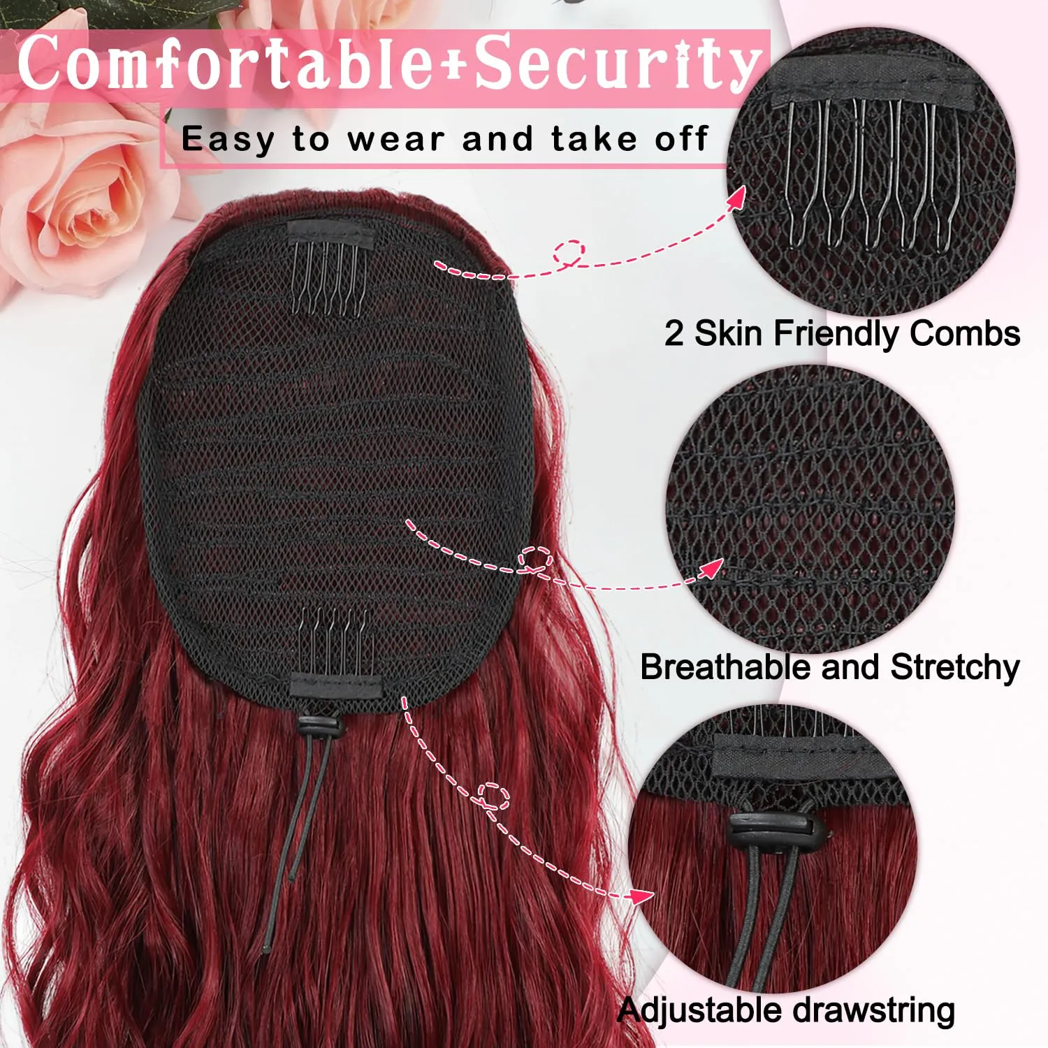 Mairead Red Ponytail Extension Drawstring Curly Ponytail for Women 26 Inch Burgundy Curly Wavy Pony Tails Hair Extensions Synthetic Hairpiece for Women Daily Party Use Wine Red 26inch 118#