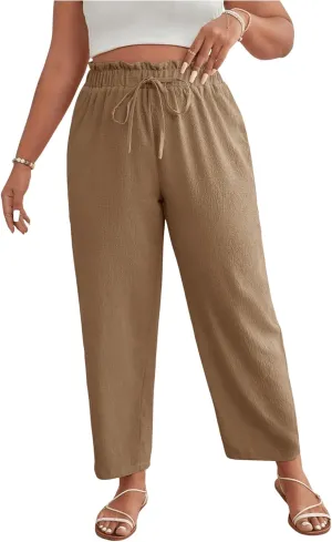MakeMeChic Women's Plus Size Casual Paperbag Waist Pants Drawstring Front High Waist Ruffle Trim Tapered Pants