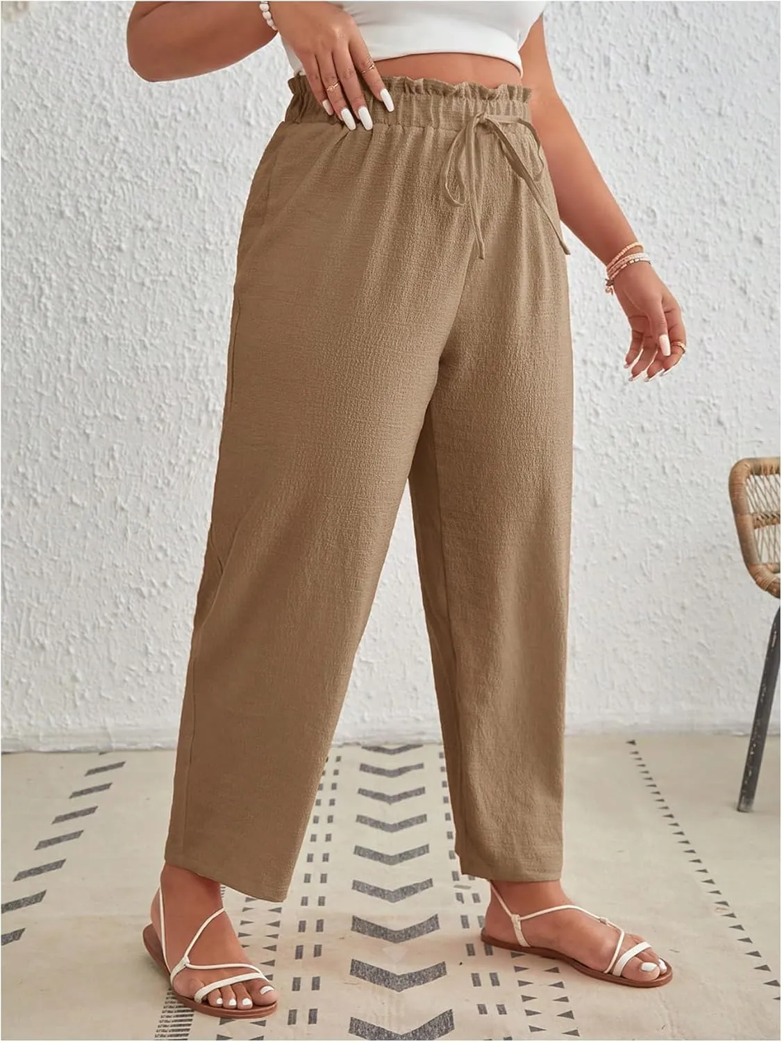 MakeMeChic Women's Plus Size Casual Paperbag Waist Pants Drawstring Front High Waist Ruffle Trim Tapered Pants