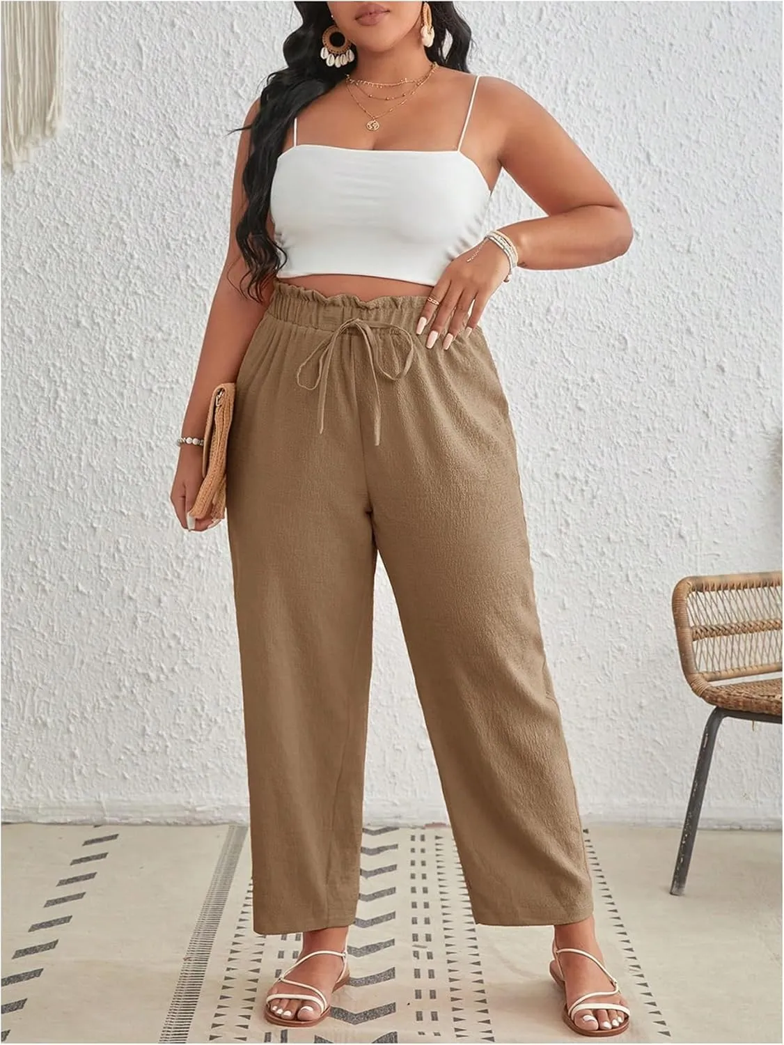 MakeMeChic Women's Plus Size Casual Paperbag Waist Pants Drawstring Front High Waist Ruffle Trim Tapered Pants