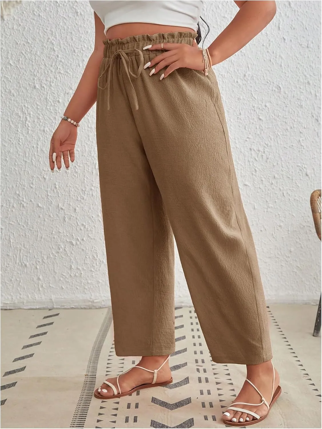 MakeMeChic Women's Plus Size Casual Paperbag Waist Pants Drawstring Front High Waist Ruffle Trim Tapered Pants