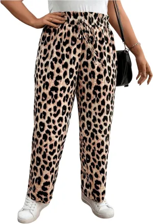 MakeMeChic Women's Plus Size Casual Paperbag Waist Pants Drawstring Front High Waist Ruffle Trim Tapered Pants