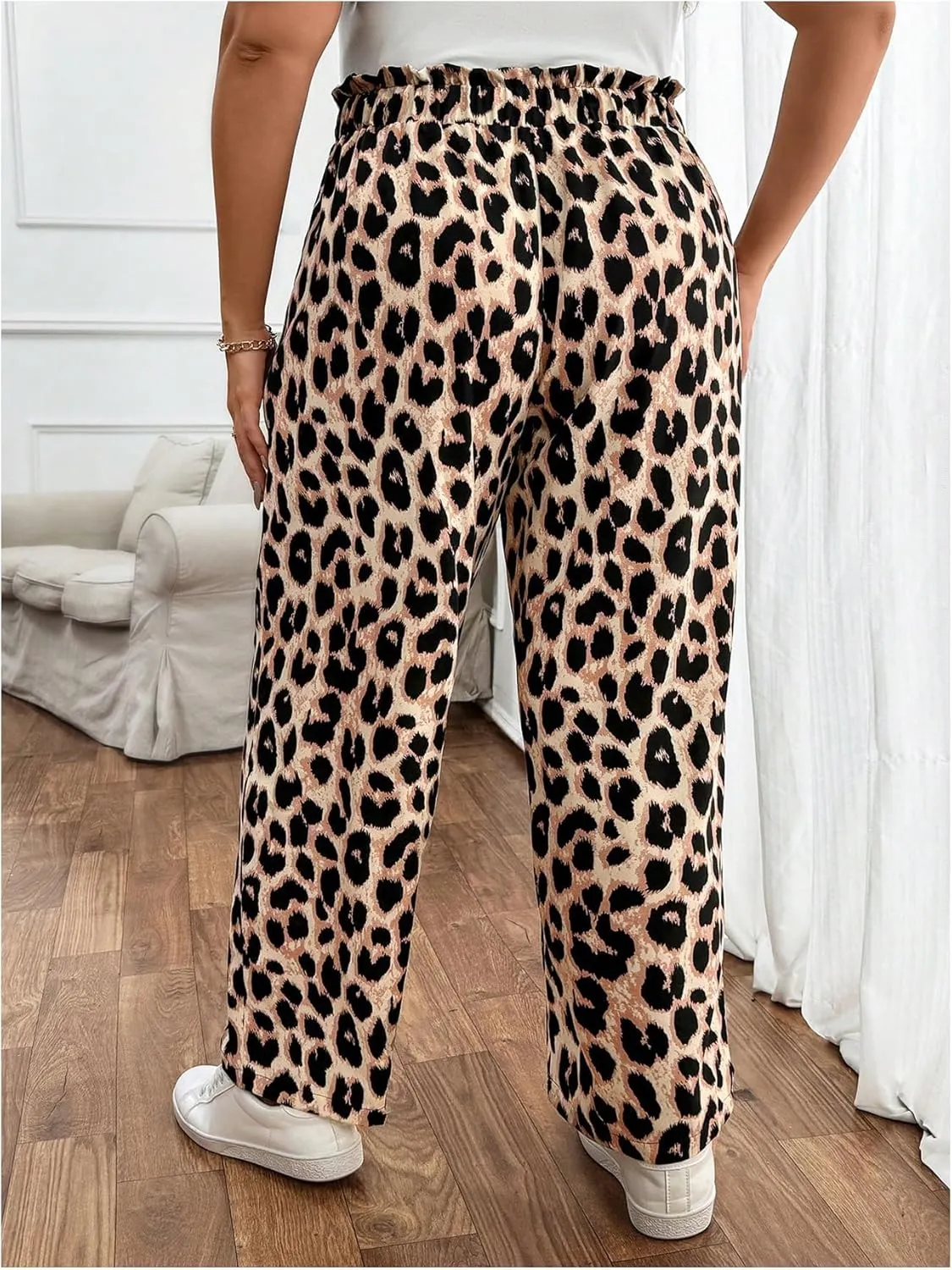 MakeMeChic Women's Plus Size Casual Paperbag Waist Pants Drawstring Front High Waist Ruffle Trim Tapered Pants