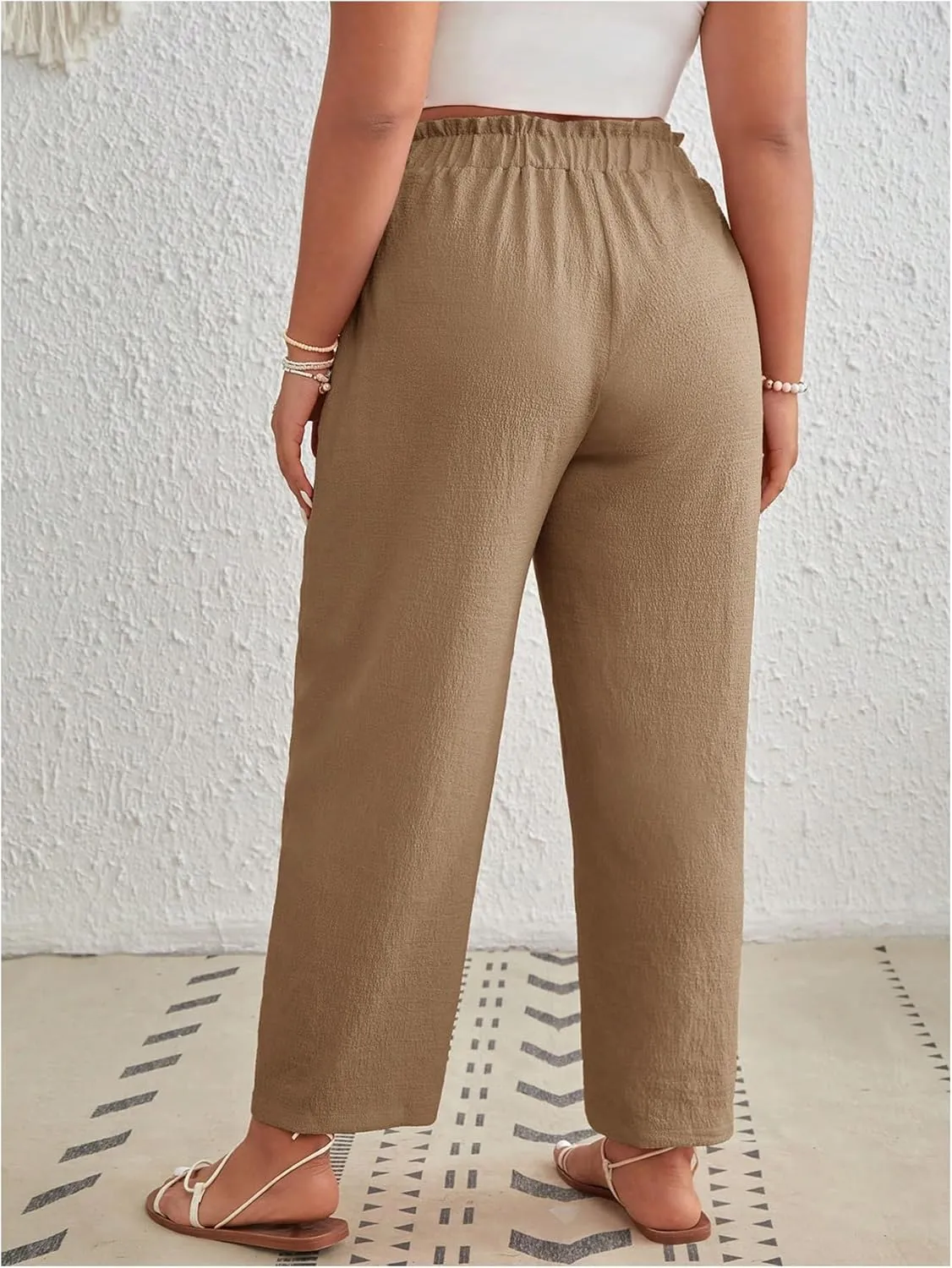MakeMeChic Women's Plus Size Casual Paperbag Waist Pants Drawstring Front High Waist Ruffle Trim Tapered Pants