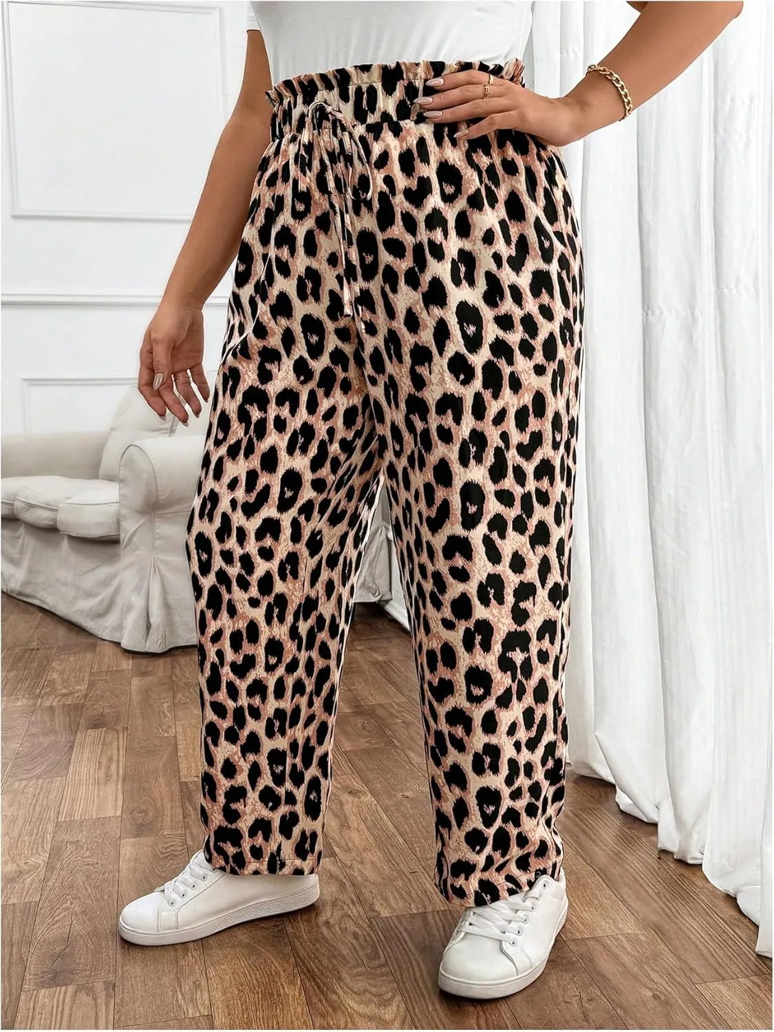 MakeMeChic Women's Plus Size Casual Paperbag Waist Pants Drawstring Front High Waist Ruffle Trim Tapered Pants