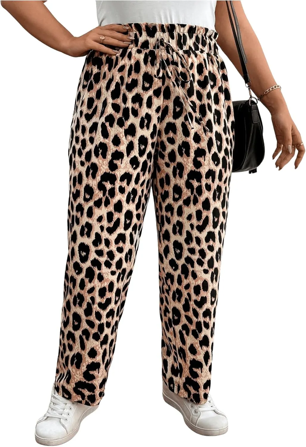 MakeMeChic Women's Plus Size Casual Paperbag Waist Pants Drawstring Front High Waist Ruffle Trim Tapered Pants