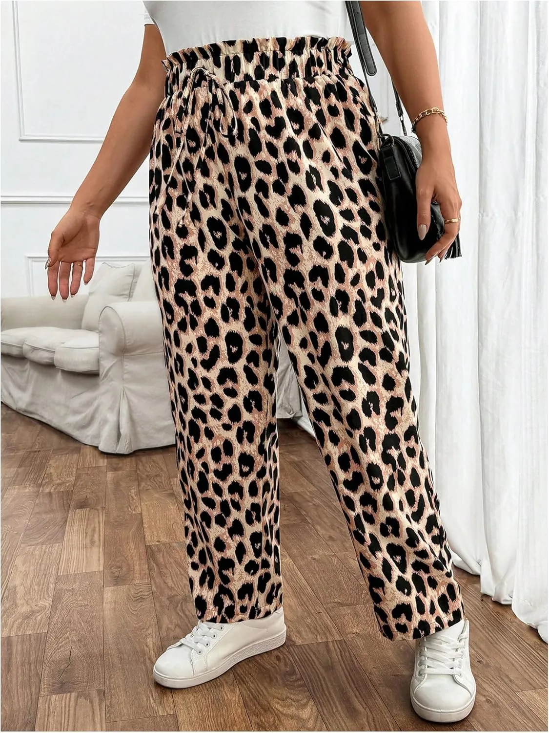 MakeMeChic Women's Plus Size Casual Paperbag Waist Pants Drawstring Front High Waist Ruffle Trim Tapered Pants