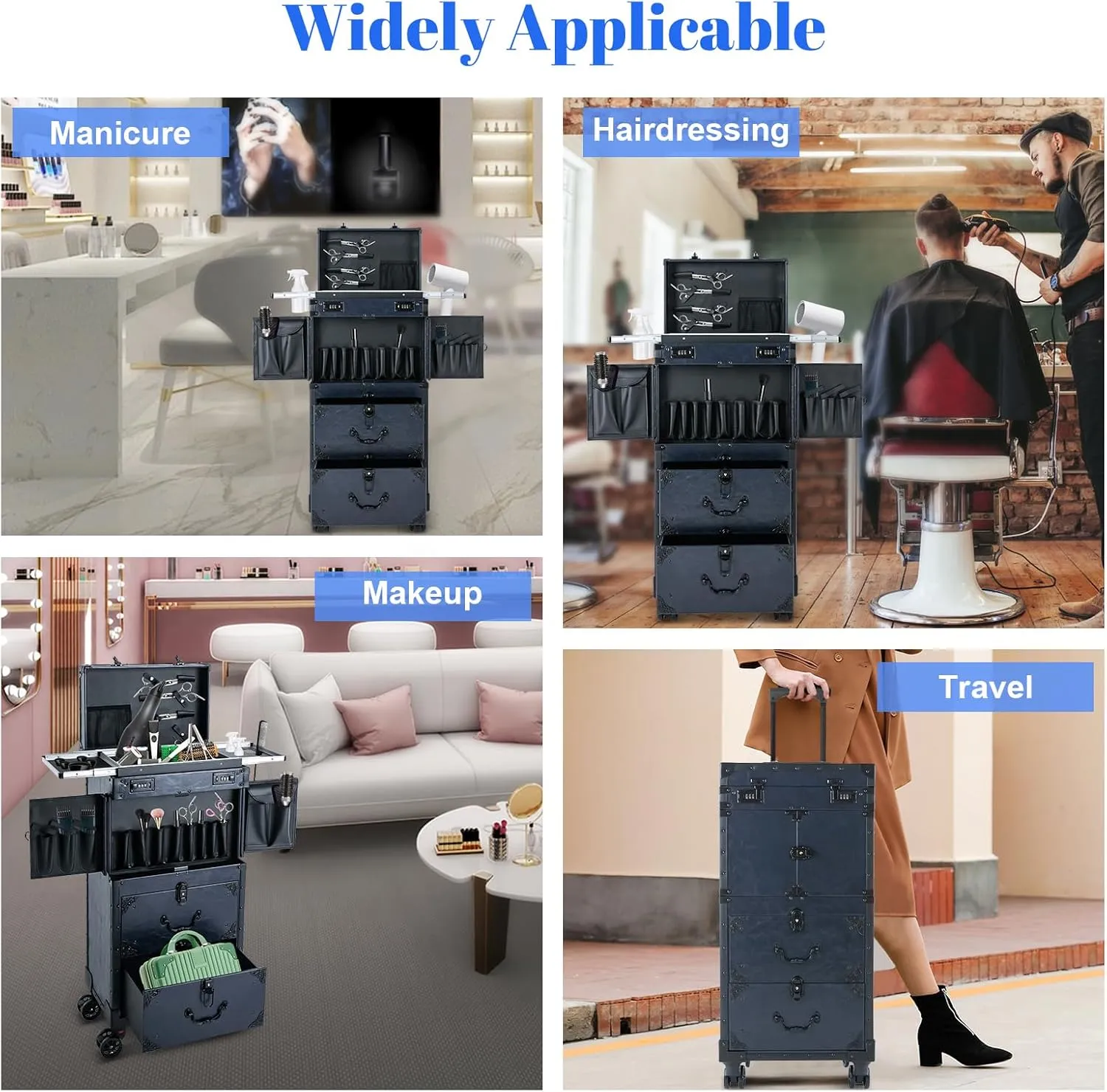 Makeup Rolling Case Large Rolling Nail Case with 360° Swivel Wheels Professional Makeup Train Case for Make Up Nail Hairstylists (Blue)