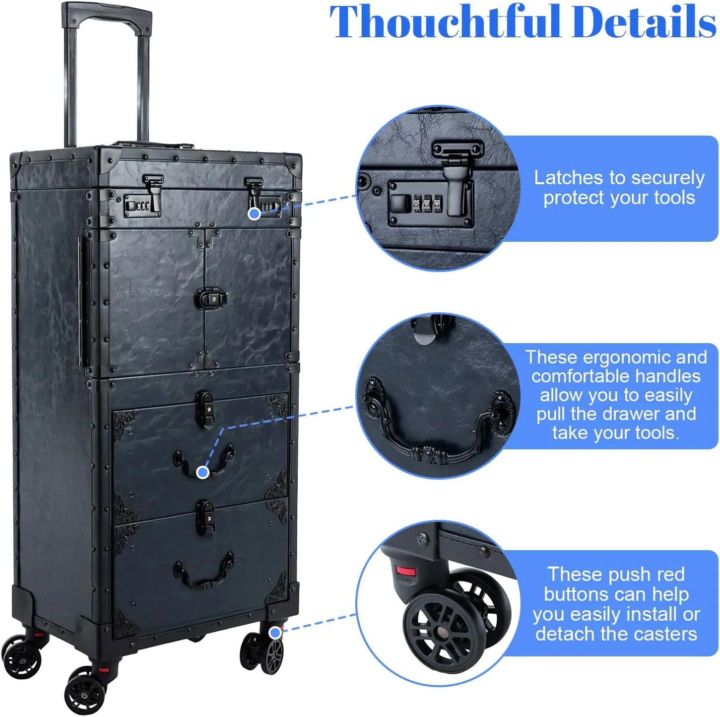 Makeup Rolling Case Large Rolling Nail Case with 360° Swivel Wheels Professional Makeup Train Case for Make Up Nail Hairstylists (Blue)