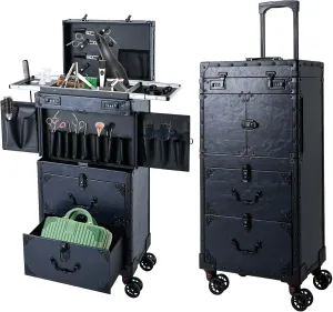 Makeup Rolling Case Large Rolling Nail Case with 360° Swivel Wheels Professional Makeup Train Case for Make Up Nail Hairstylists (Blue)