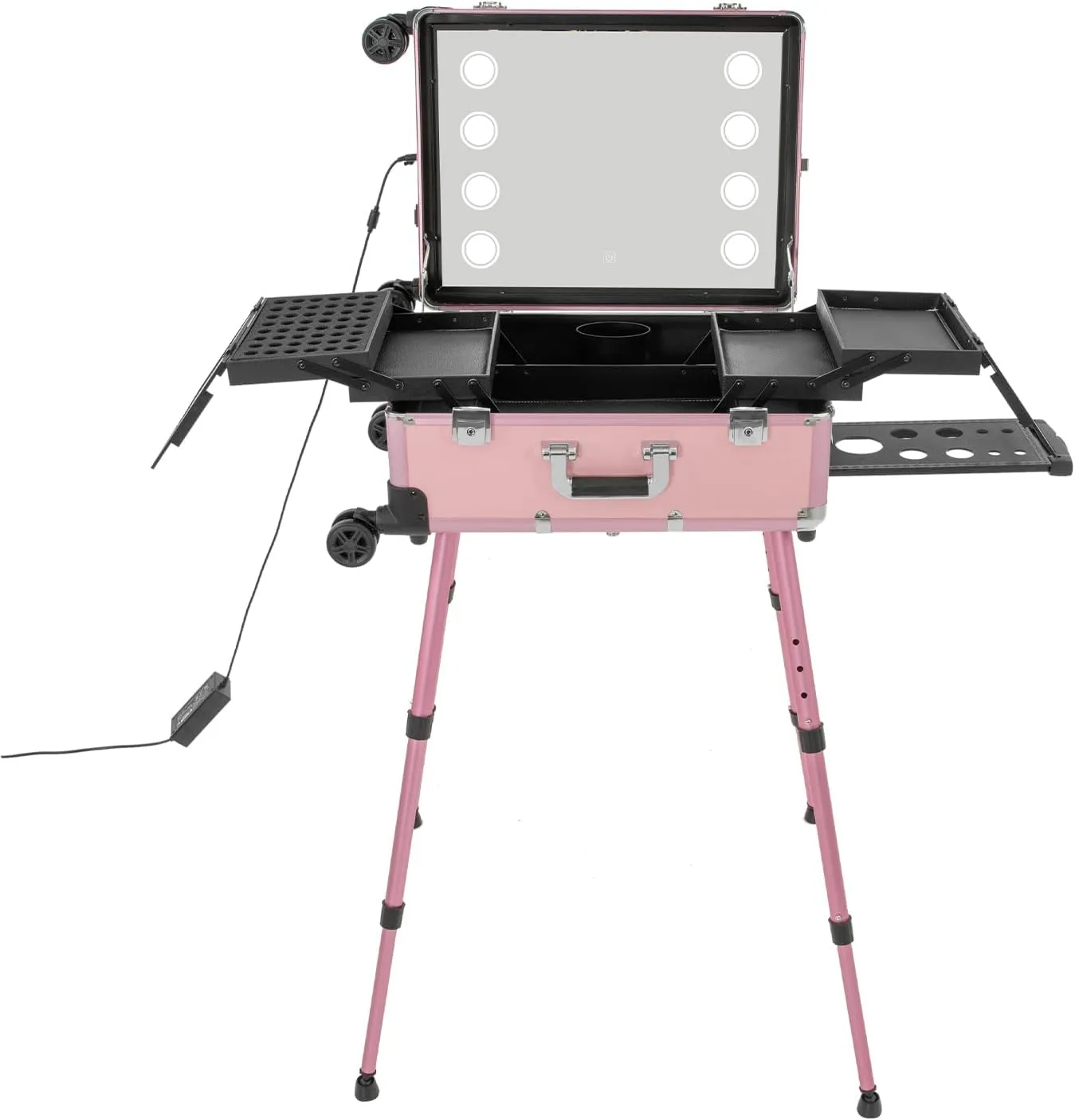 Makeup Train Case, Rolling Make Up Organizer Box Cosmetic Travel Case with Lighted Mirror, Large Storage Cosmetic Trolley Aluminum Alloy Salon Station Traveling Cart Trunk, Load 110.23lbs