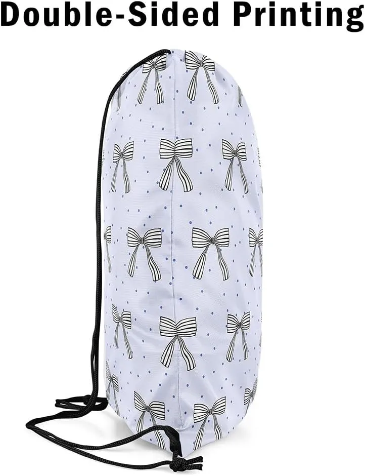 Manfei Cute Bowknot Draw String Bag,Dreamy Princess Style Bow-tie Polka Dots Drawstring Backpack for Gym Sports,Bowknots Kawaii Blue Large Capacity Sackpack,Waterproof