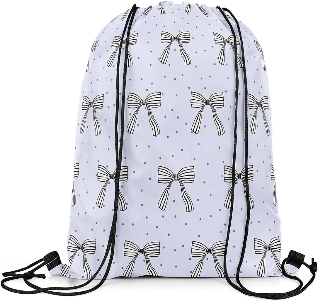 Manfei Cute Bowknot Draw String Bag,Dreamy Princess Style Bow-tie Polka Dots Drawstring Backpack for Gym Sports,Bowknots Kawaii Blue Large Capacity Sackpack,Waterproof